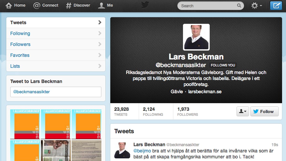 Beckmans välbesökta Twitterkonto. Den politiskt intresserade lär ha sett hans profilbild någon gång.